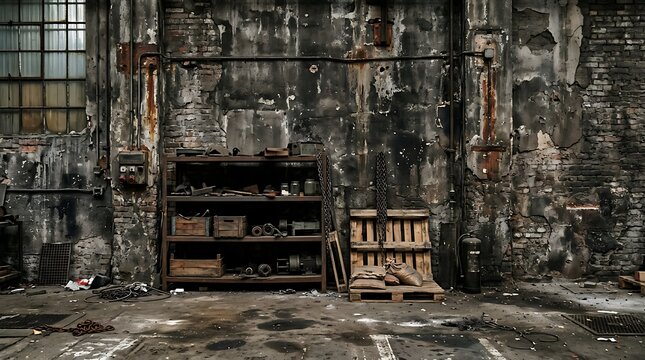 Abandoned industrial warehouse interior with debris.