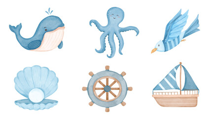 Cute nautical watercolor clipart collection with whale octopus sailboat seabird and seashell © Pentagrafis