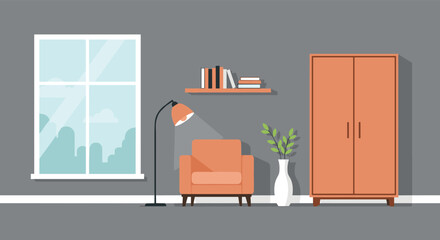 Fototapeta premium Cozy living room interior with orange armchair, wardrobe, floor lamp, vase with plant, and window looking out to city.
