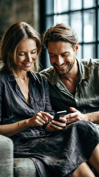 Young Couple Using Smartphone at Home &ndash; AI Generative &ndash; no real persons