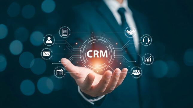 Business Technology Concept Businessman Holding Digital Crm Interface in Studio Setting