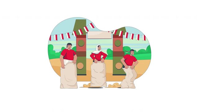 Traditional sack race during Indonesian Independence Day festival cartoon animation. Southeast asian participants hopping animated flat 2D characters 4K video isolated on transparent white background