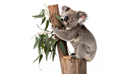 Cute wild fluffy koala bear climbing eucalyptus tree branch isolated on transparent background © Hanna