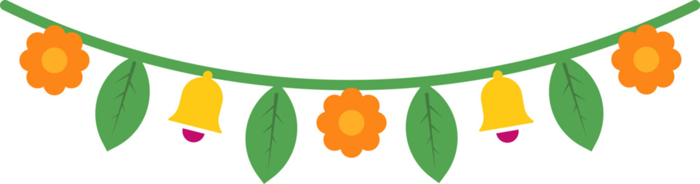 A festive hanging toran decoration with marigold flowers and green mango leaves for traditional indian celebration of the diwali festival