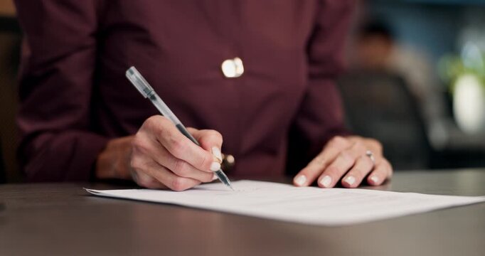 Hand, woman and writing in office with document, contract and editor approval for draft submission. Copywriter, signature and paperwork with manuscript, agreement and permission form for publication