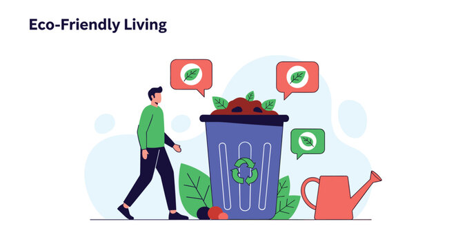 Eco friendly living concept featuring man walking towards recycling bin with organic waste and watering can.