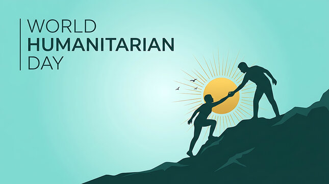 World humanitarian day silhouette illustration of a person helping another climb a mountain slope