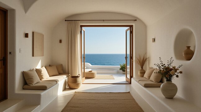 Modern minimalist interior in white room view of blue sea from open terrace door. Mediterranean style house features beige cushions on stone benches woven baskets pottery vases with dried flowers,
