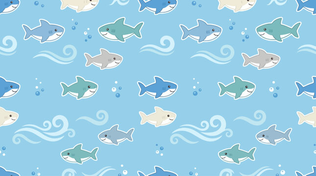 Seamless pattern featuring cute cartoon sharks swimming in the ocean.