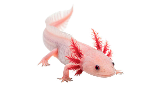 Exotic pink axolotl salamander swimming with soft fins isolated on transparent background