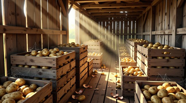 Wooden crates full of fresh potatoes are stacked inside a rustic shed. Sunlight streams through the walls creating beams of light across the scene. Potatoes are visible on the floor and in the boxes.