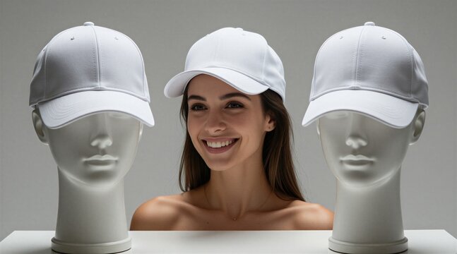 Young woman smiles between two white mannequin heads wearing plain baseball caps. Person tests trendy accessories in professional photography studio. Bright neutral background highlights simple