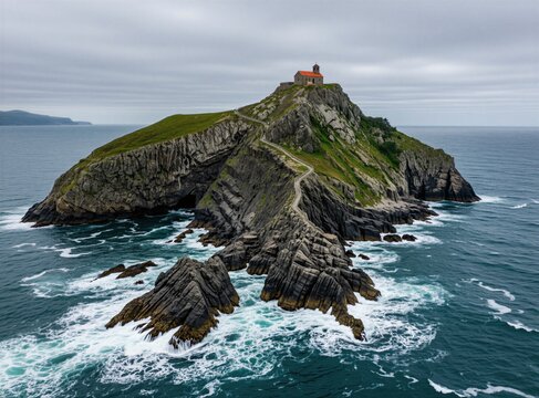 Small stone church stands atop remote rocky islet surrounded by deep blue ocean. Winding path leads up steep cliffs to religious building on island peak. Grey cloudy sky hangs over dramatic coastal