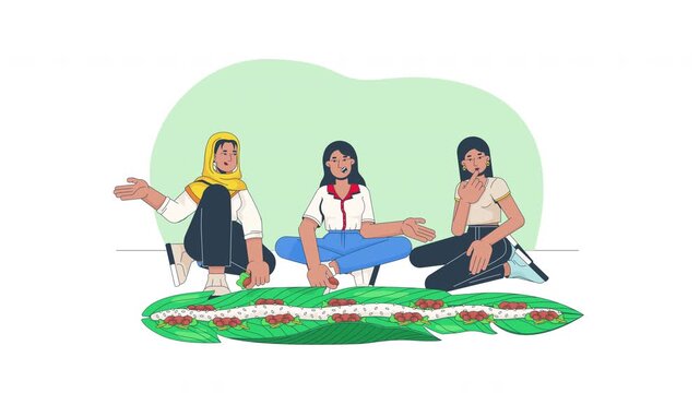 Women enjoying traditional kembulan communal dining cartoon animation. Indonesians eating together from banana leaf with rice and meat animated flat 2D characters 4K video isolated on transparent