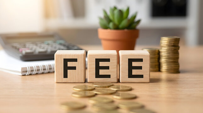 Financial Cost Concept with Wooden Blocks Spelling Fee on Office Desk