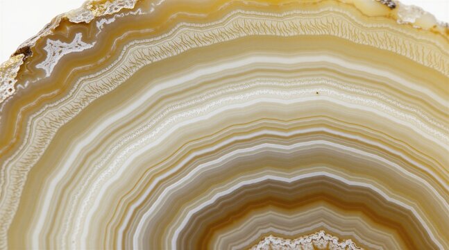 Cross section of agate stone showing layered bands of yellow, white and brown colors. Natural mineral texture with organic wavy pattern. Clean background studio shot for design.