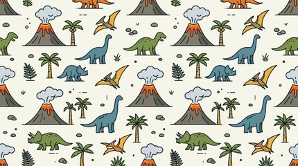 Seamless Pattern Featuring Cute Hand Drawn Dinosaurs and Volcanoes. © zxnakwkwown