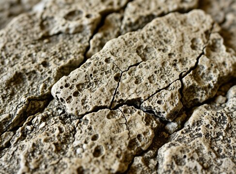 Rough beige stone surface with many small holes and cracks. Natural rock material shows pitted texture up close. Organic abstract background with earthy tones and detailed imperfections.