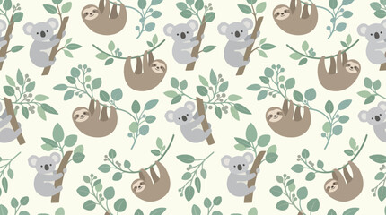 Fototapeta premium Seamless pattern featuring cute hand drawn koalas and sloths on tree branches.