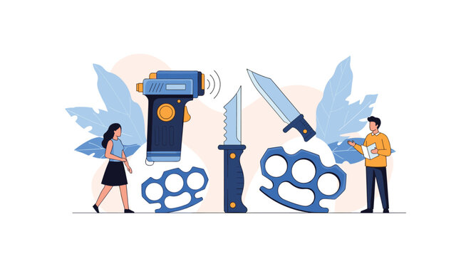 People standing near large icons of prohibited weapons including a taser knife and brass knuckles for security and law concepts.