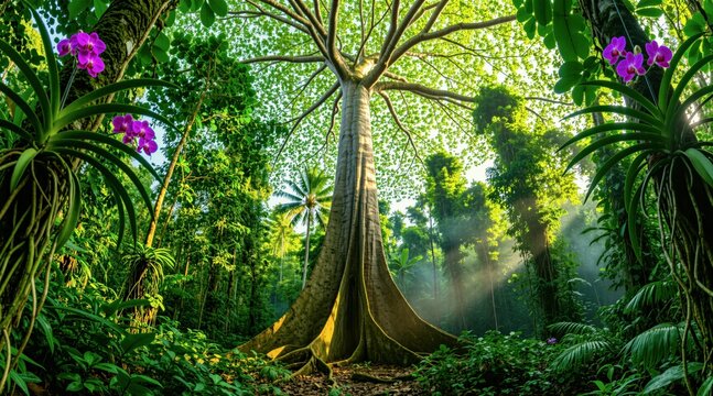 Large kapok tree stands in deep tropical amazon rainforest. Giant trunk wide roots surrounded by rich green foliage, bright purple orchid flowers. Sun rays shine through dense tree canopy in jungle