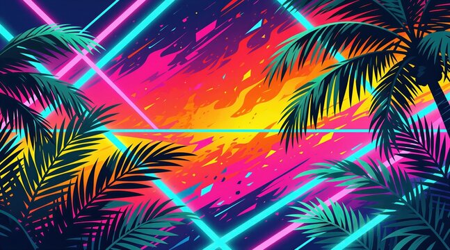 Neon palm trees frame a vibrant abstract background with geometric lines. Colors blend from pink and orange to yellow and blue. Energetic retro-futuristic digital art.