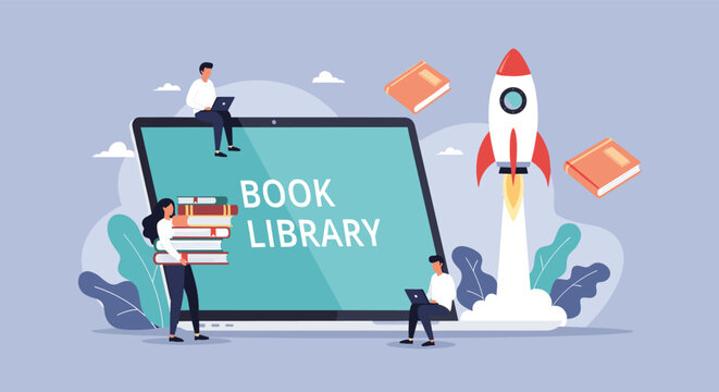 Digital book library and online education concept where students access knowledge via a laptop while a rocket launches nearby.