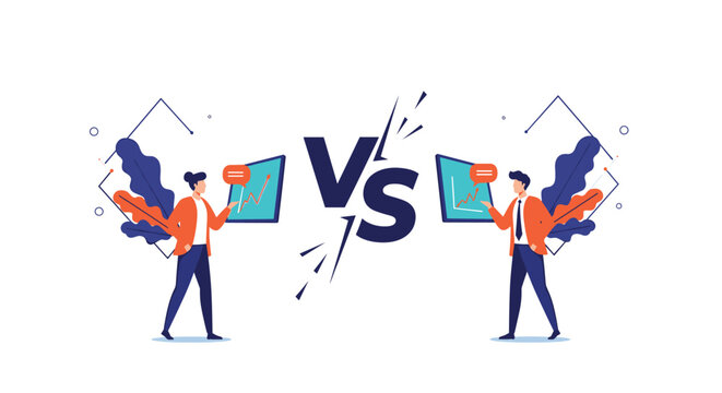 Two business professionals present competing data charts in a versus battle to compare performance and marketing strategies.
