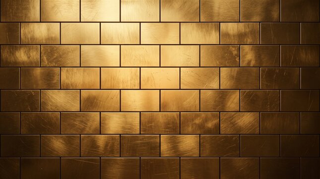 Brushed gold metal brick wall texture, industrial brass tile background with metallic sheen, luxury bronze block surface for interior design