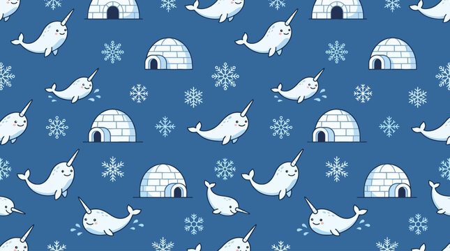 Seamless pattern featuring cute narwhals and igloos in arctic setting.