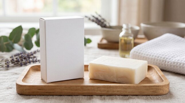 Blank white soap box packaging and natural soap bar on a wooden tray.