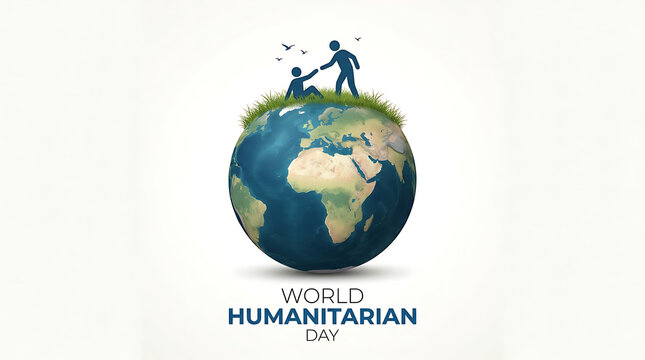 World humanitarian day concept featuring one person helping another on a globe, humanitarian