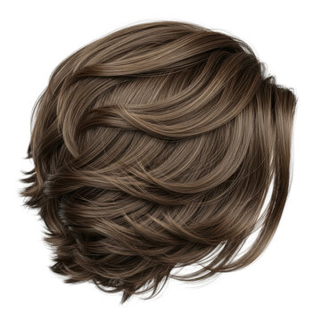 Extreme close-up of healthy, wavy, medium-length brown hair, artfully tousled with defined texture and sheen, isolated on a transparent studio background. Concept for hair product advertising