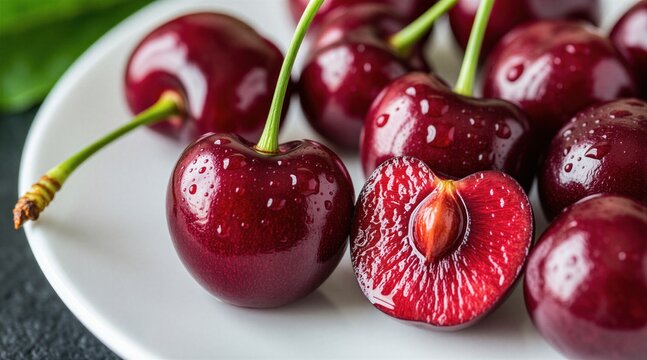 Ripe red cherries with water drops sit on white plate. One cherry is cut revealing juicy pit and seed inside. Fresh fruit perfect for summer desserts. Healthy ingredient for recipes.