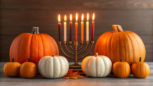 Hanukkah menorah with lit candles beside autumn pumpkins and gourds. Festive fall holiday decor featuring seasonal harvest and Jewish tradition sym...