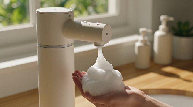 Hand is washed with foam from automatic dispenser. Bright bathroom has modern sink and soap bottles. Sunlight enters through window creating shadows.