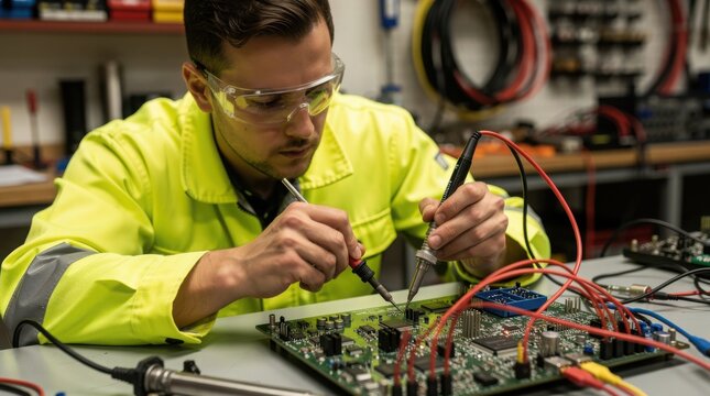 A technician in safety glasses and a yellow jacket carefully tests a complex circuit board with probes in an electronics lab.