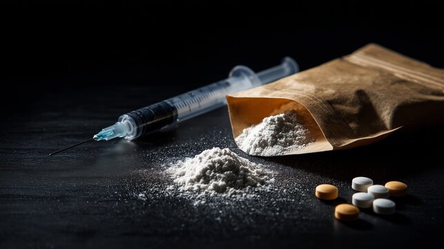 Syringe, white powder, and pill depict drug abuse, injection usage, and addiction risk on a dark background.