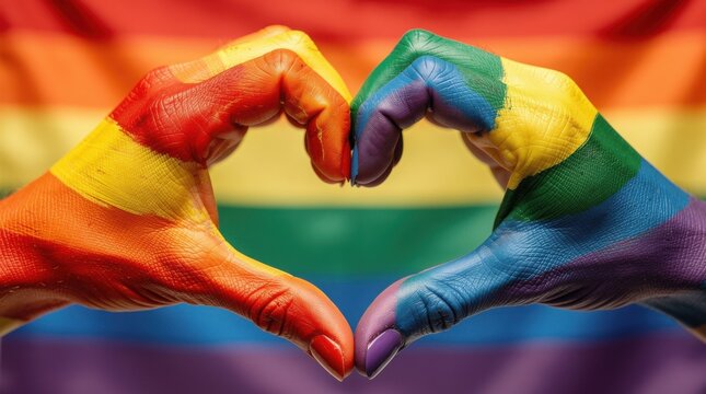 Two hands painted with rainbow colors form a heart shape against a blurred rainbow flag background.