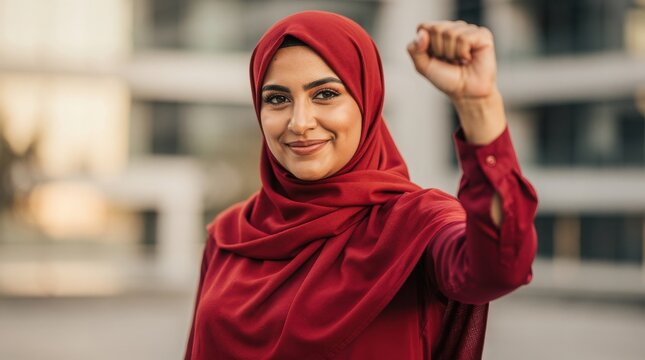 A confident woman wearing a red hijab raises her fist, symbolizing empowerment and determination.