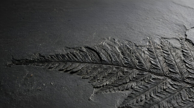Ancient fossilized fern leaf impression embedded in dark gray shale stone rock with impression paleontology prehistoric evolution fossilized sedimentary discovery archaeology monochrome