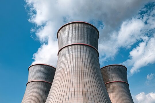 Three Massive Cooling Towers Of A Nuclear Power Plant Towering Against A Vibrant Clear Blue Sky