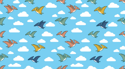 Seamless Pattern of Colorful Flying Pterodactyl Dinosaurs. © zxnakwkwown