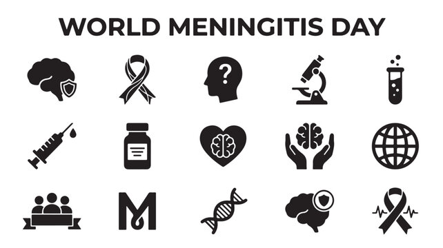 World Meningitis Day icon set, medical brain health and disease awareness symbols, 15 black vector icons for healthcare infographics