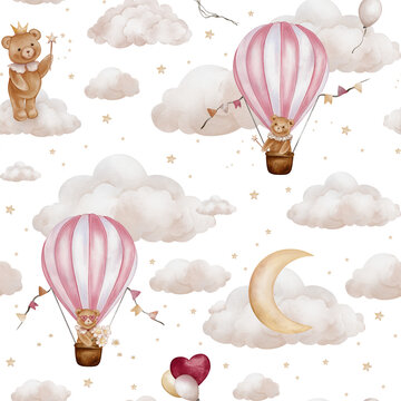 Watercolor seamless pattern features pink hot air balloons, fluffy clouds and teddy bears. For kids textiles, wallpaper. Repeat design with moon ,hearts and stars