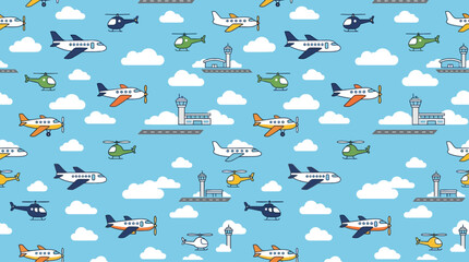 Seamless Pattern of Cute Cartoon Airplanes and Helicopters. © zxnakwkwown