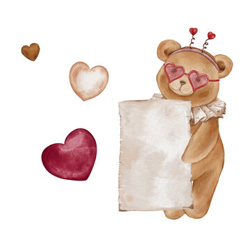Watercolor illustration cute teddy bear holding a blank or sign for Valentines Day. Bear with wearing heart-shaped sunglasses and antenna style heart-shaped horns on its head.
