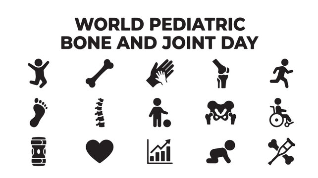 World Pediatric Bone and Joint Day icon set, black orthopedic medical symbols for children health, 15 vector elements for musculoskeletal awareness