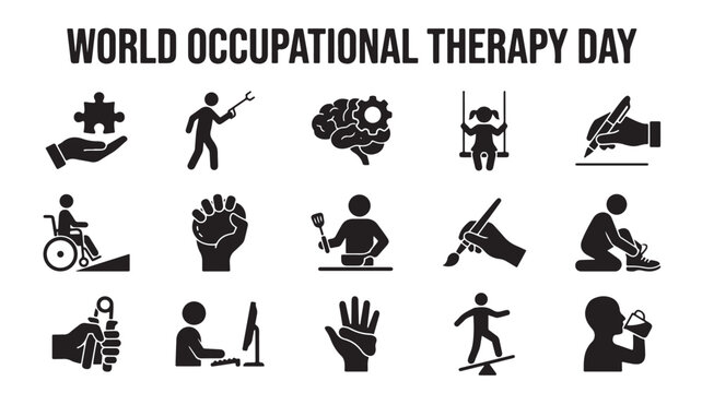 World Occupational Therapy Day icon set, black rehabilitation and physical therapy symbols, 15 healthcare vector elements for medical infographics