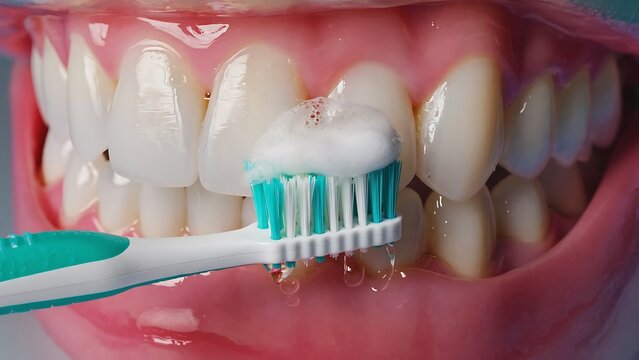 Close-up of teeth being brushed with a toothbrush and toothpaste for good oral hygiene.